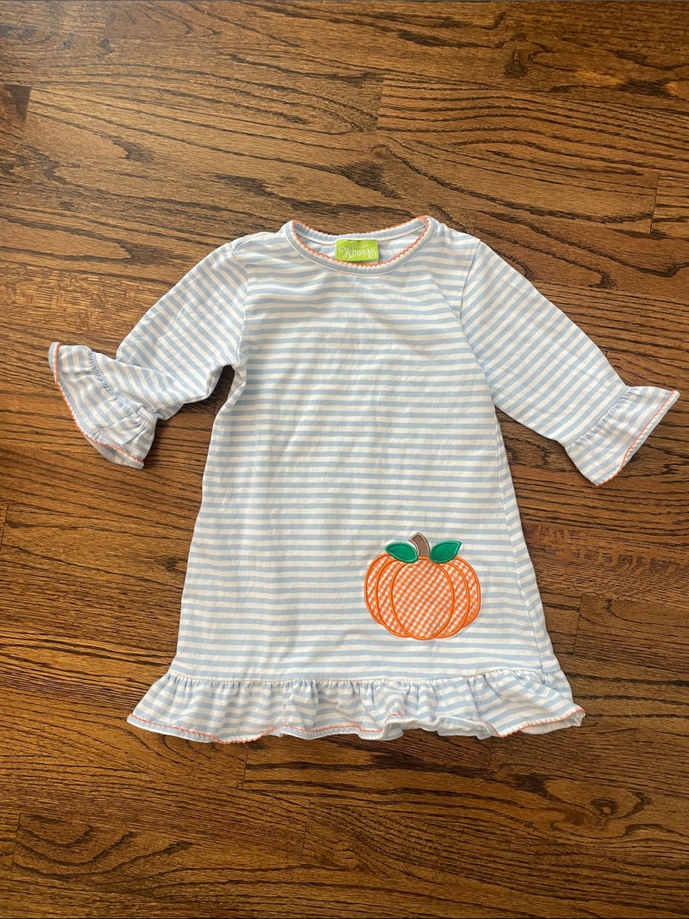 Light Blue Striped Kids Dress with Orange Pumpkin Applique - Classic Whimsy